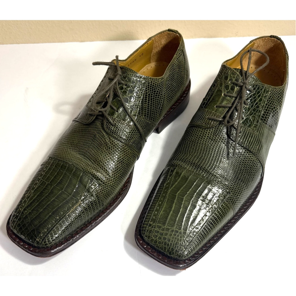 EUC David Eden Stan Genuine Crocodile Olive Green Square Toe Dress Shoe Size 10